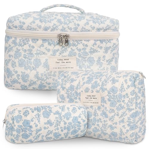 GISMTR 3Pcs Cotton Quilted Makeup Bag Large Travel Cosmetic Bag Coquette Makeup Pouch Cute Aesthetic Floral Toiletry Bag for Women Girls